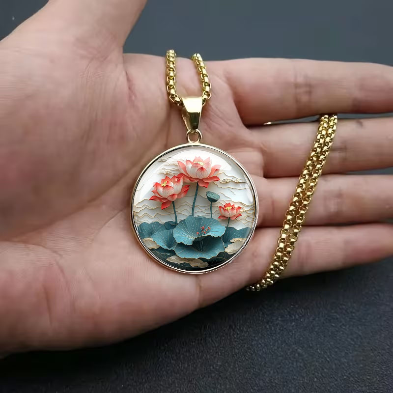 2D Flat Lotus Pattern Stainless Steel Necklace